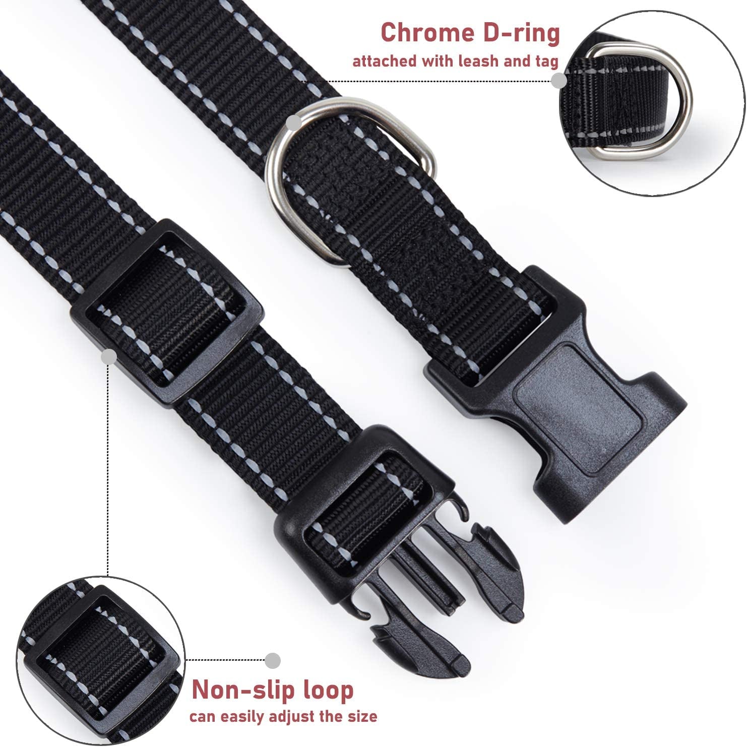 Reflective Dog Collar with Buckle Adjustable Safety Nylon Collars for Small Medium Large Dogs, Black M.