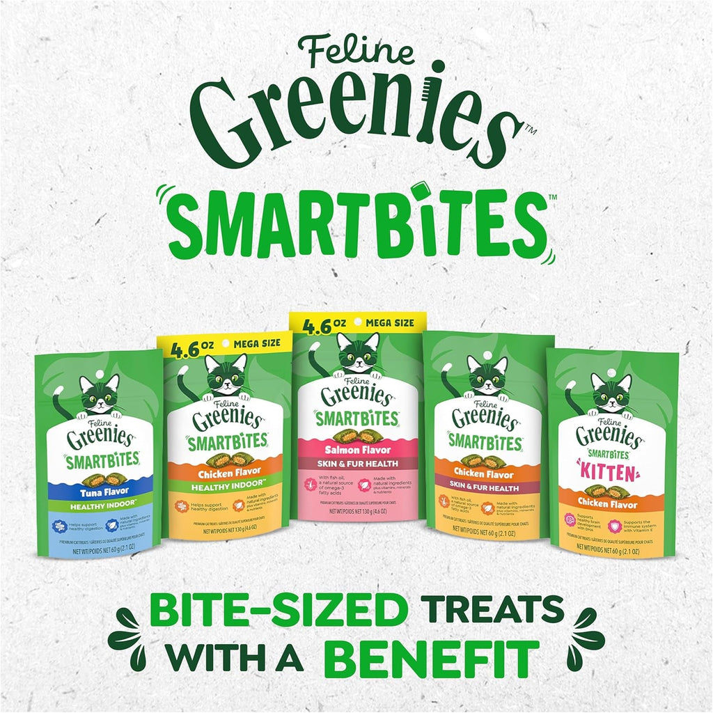 Greenies Feline SMARTBITES Healthy Skin and Fur, Chicken and Salmon Flavors, All Bag Sizes.