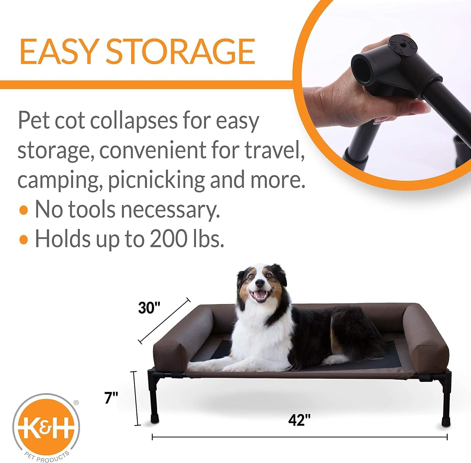 Original Bolster Pet Cot Outdoor Elevated Dog Bed with Removable Bolsters - Chocolate/Black Mesh, Large 30 X 42 X 7 Inches.