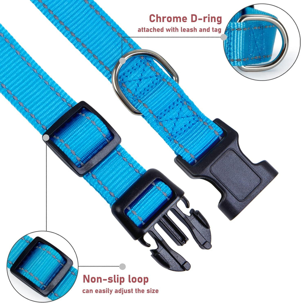 Reflective Dog Collar with Buckle Adjustable Safety Nylon Collars for Small Medium Large Dogs, Blue XL.