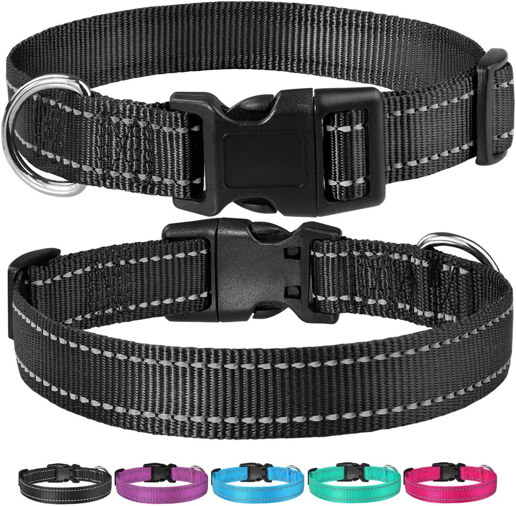 Reflective Dog Collar with Buckle Adjustable Safety Nylon Collars for Small Medium Large Dogs, Black M.